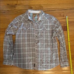 Wrangler Brown and White Plaid Button-Down Shirt Turquoise Pearl Snaps.